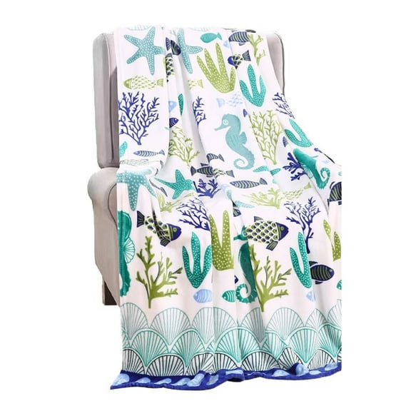 Plazatex Nautical Ocean Coral Plush All Season Decorative Throw Blanket 50" x 60" White & Blue