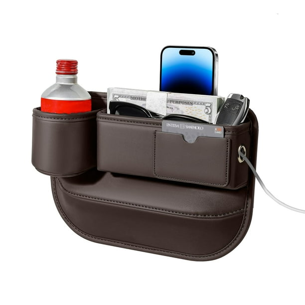 Organizador Relleno de Espacio para Asiento de Auto con Porta Vasos en Cuero Marrón