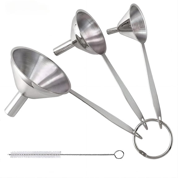 3 in 1 Metal Funnels for Filling Bottles Stainless Steel Small Kitchen Funnel Set for Transferring Essential Oils Liquid Fluid Spice Dry Ingredients Powder, Durable (Long-Handled Funnel)