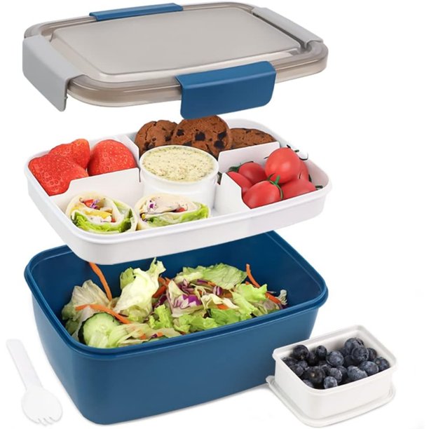 Fiambrera - 2000 ml - Caja Bento - con compartimentos - Recipiente para ensalada - con recipiente para salsa - Apta para microondas y lavavajillas - Apta para niños y adultos - Azul