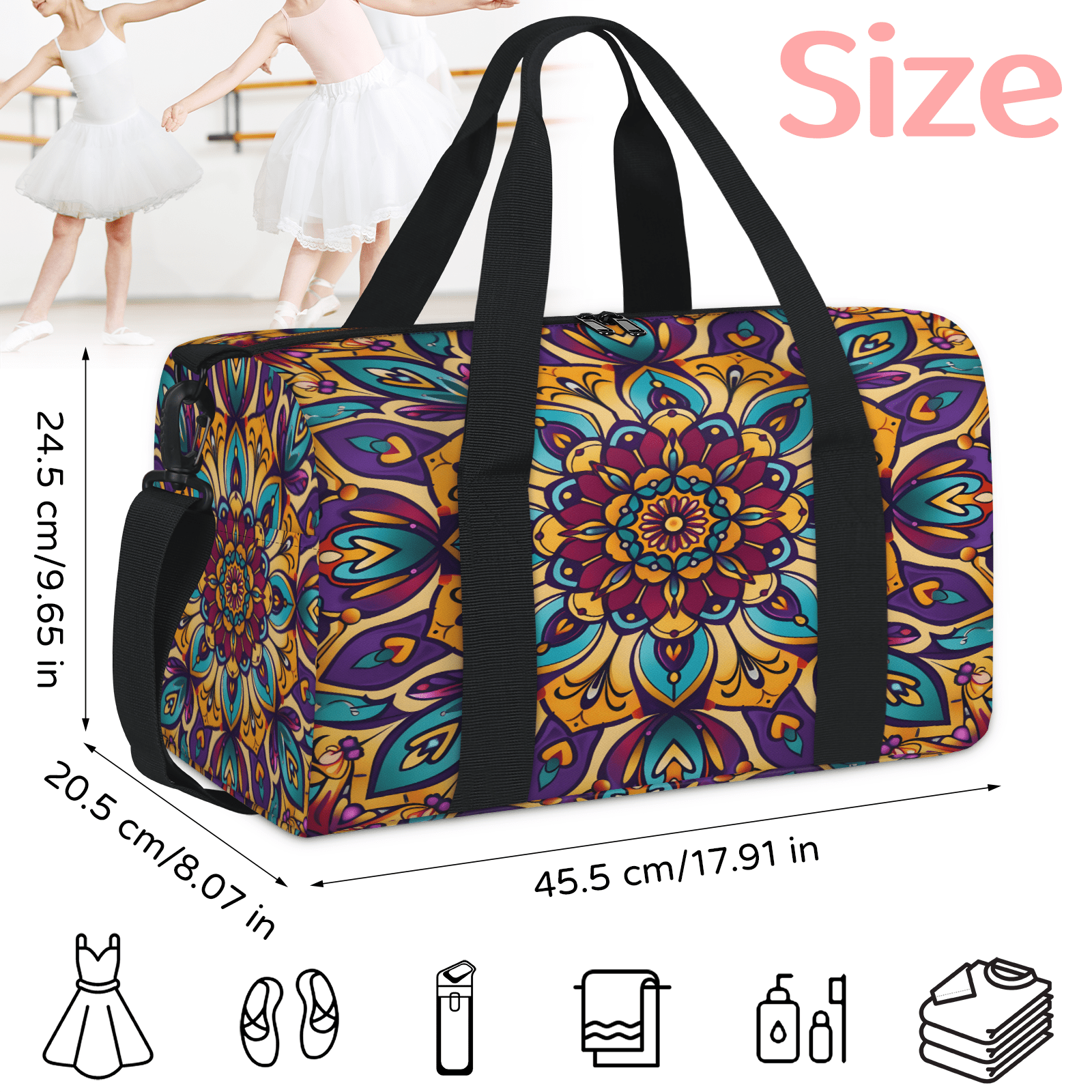 Herdesigns Floral Mandala Gym Bag for Women, Duffle Bag for Travel Sport, Lightweight Waterproof Carry on Weekender Overnight Dance Yoga Workout Bags