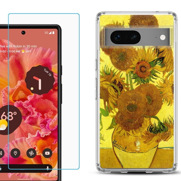 Slim-Fit Gel TPU Phone Case for Google Pixel 7, with Tempered Glass Screen Protector, by OneToughShield ® - Sunflower