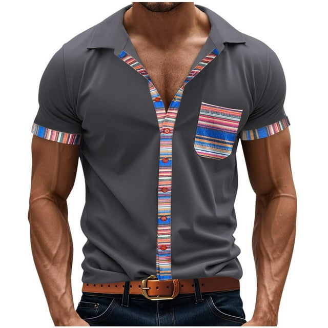Blusa y camisa de manga corta con cuello vuelto para hombre, informal, de verano, con cuello en V y retazos, de manga corta, de poliéster