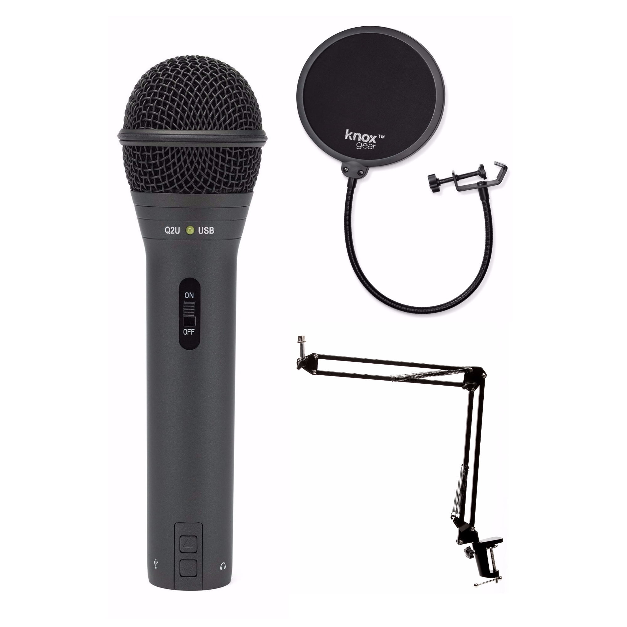 Samson Q2U Black Handheld Dynamic USB Microphone with Boom Arm and Pop Filter