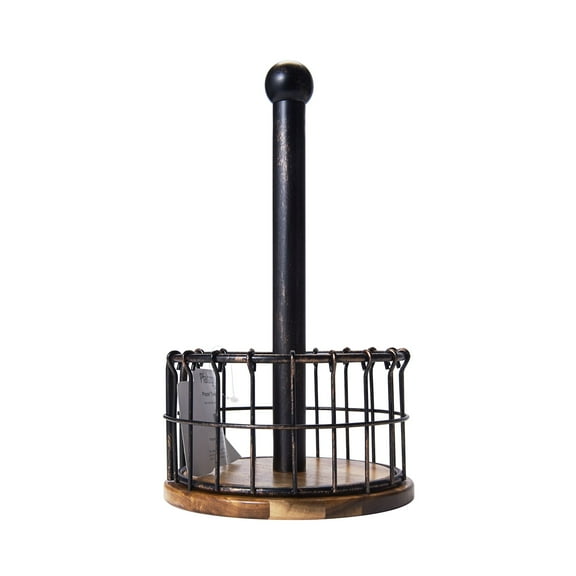 Pfaltzgraff Anvil Metal Wire and Acacia Wood Paper Towel Holder, 13.25-inch, Antique Black
