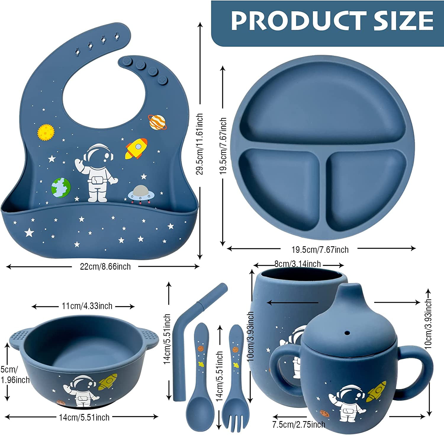 Lalo First Bites Silicone Baby Feeding Set - Baby Led Weaning Supplies -  Non-Toxic Silicone - Includes 2 Bibs, 2 Spoons, Training Cup, Suction Plate