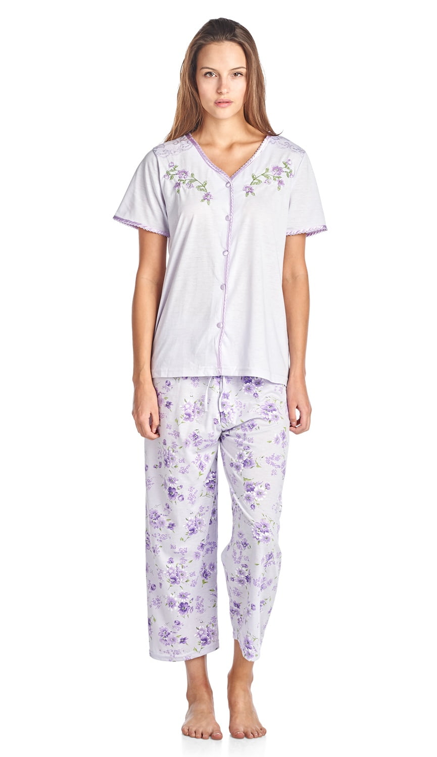 Women's Short Sleeve Floral Satin Lace Capri Pajama Set - Walmart.com