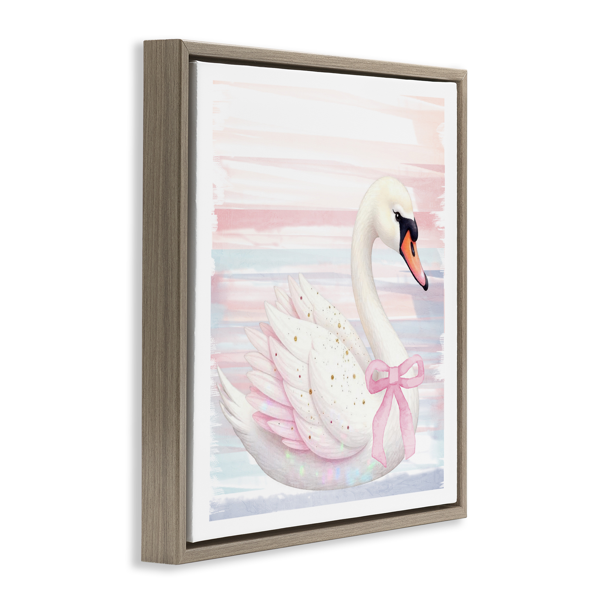 Pink Swan with Ribbon Brown Framed Floater Canvas Wall Art, design by Kim Allen