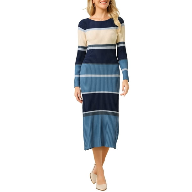 Vestido de suéter de rayas para mujer INSPIRE CHIC, de manga larga, casual, de trabajo, de punto acanalado, ajustado, talla 2XL, gris azul