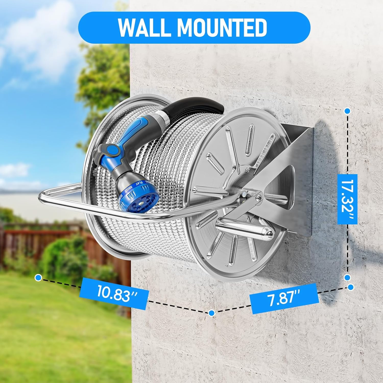 SPECILITE Stainless Steel Outdoor Hose Reel with 100ft Water Hose and 6.2ft Leader Pipe, Wall/Floor Mounted for Yard, Patio