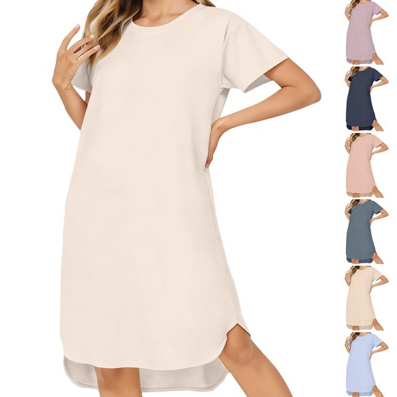 Endives Sleepshirt for Women Short Sleeve Solid Color Crew Neck Long Tshirt Dress Comfortable Nightgown for Women Lightweight Sleep Dress Summer Pajama Dress Navy M