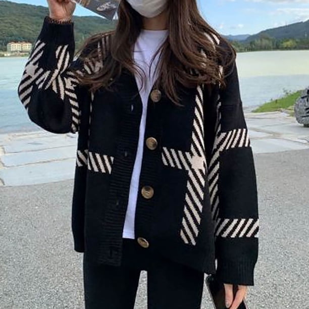 Puntoco moda mujer geométrico cuello pico botón patrón Casual manga larga suéter señoras prendas de vestir liquidación Puntoco Puntoco-1464