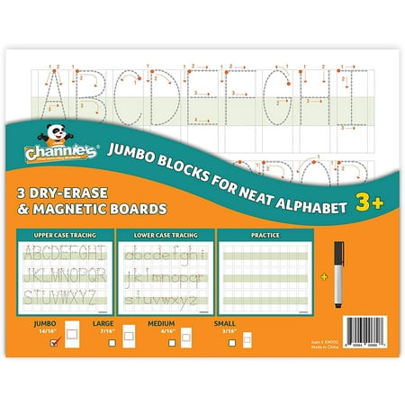 Channie's Big Blocks for Neat Alphabets Dry Erase Magnetic Boards. 3 Pak Tracing Writing Letters and Numbers in Visual Format 8 x 11.