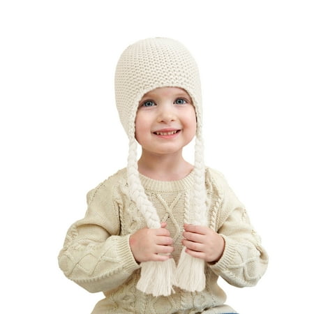 

Wool Knitted Cap Solid Color Knitting Baby Wool Ball Cap Braid Ear Protection Plus Warm Children s Hat Girls