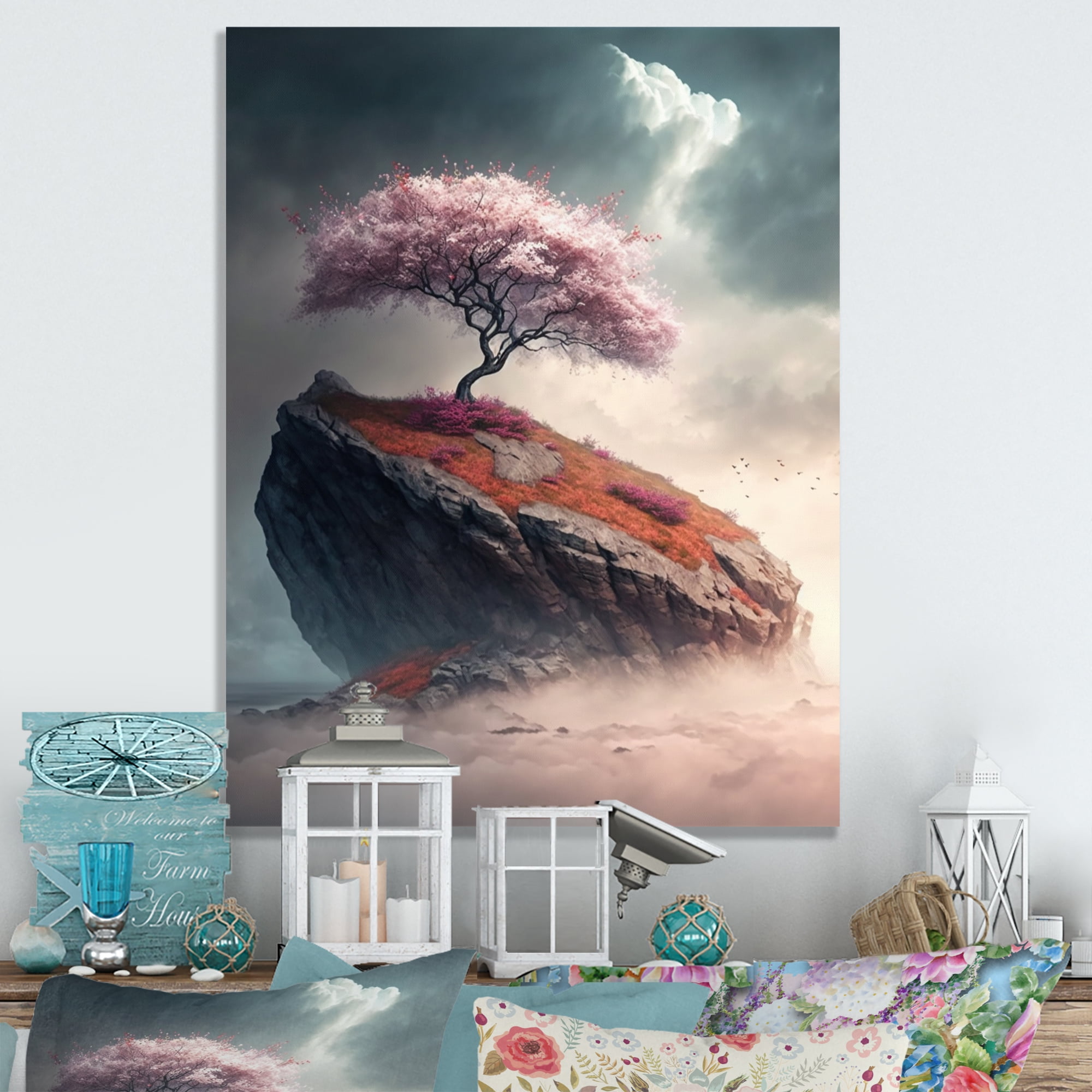 Designart A Lonely Cherry Blossom Tree On A Cliff Canvas Wall Art