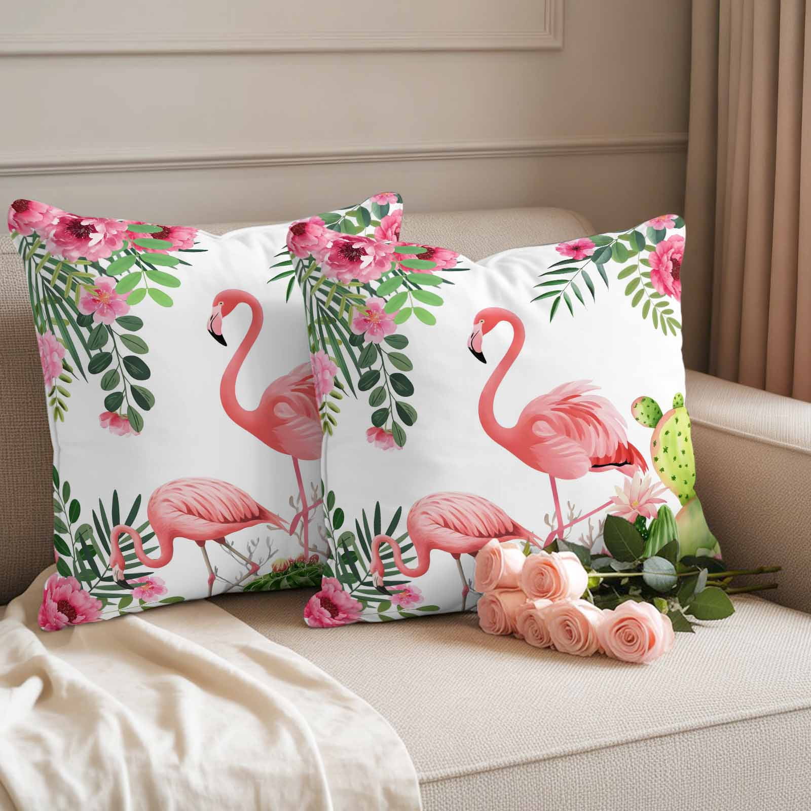 Outdoor Waterproof Throw Pillow Covers Set of 2 Pink Floral Flamingos Decorative Pillowcases Square Outdoor Pillows Cushion Case 16x16 Inch Summer Tropical Cactus Patio Pillows for Couch Sofa Bed