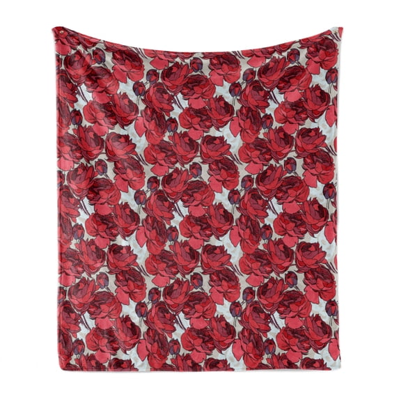 Floral Soft Flannel Fleece Throw Blanket, Vibrant Graphic Design Roses Pattern Blossoms Romantic Bouquet Illustration, Cozy Plush for Indoor and Outdoor Use, 50" x 70", Purple Pink Red, by Ambesonne