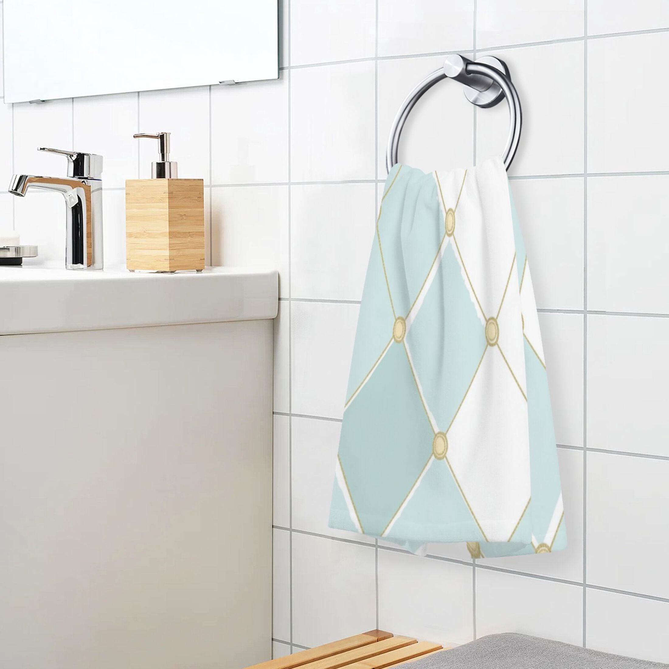 2 Pcs Absorbent Face Towel Bath Hand Towels Soft Breathable Cotton Towel Set for Bathroom Kitchen Hotel Spa Decor Pastel Teal Diamond Plaid