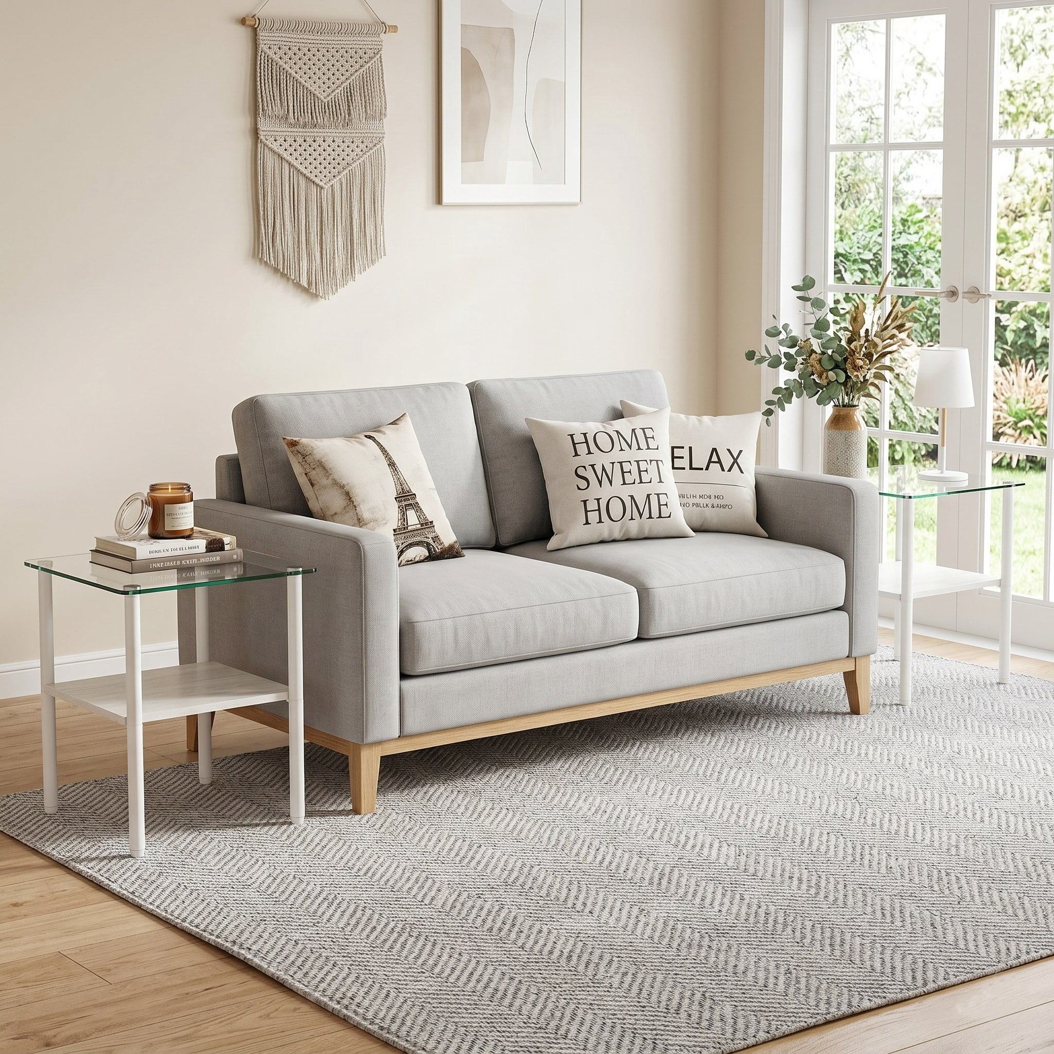 2-piece Modern Rectangular Glass Side Table, Tempered Glass Tabletop, MDF Storage Shelf & Metal Legs, Minimalist Sofa Side Table for Living Room & Bedroom
