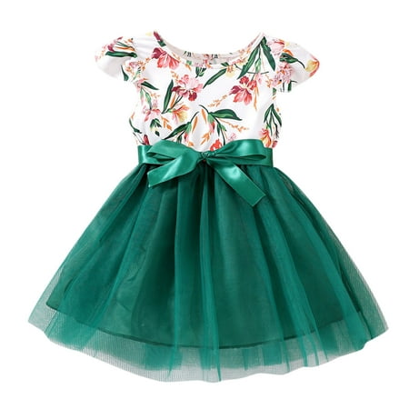 

GWAABD Girls Swing Dress Green Cotton Blend toddler Girls Child Fly Sleeve Floral Prints Summer Beach Sundress Party Dresses Princess Dress 100