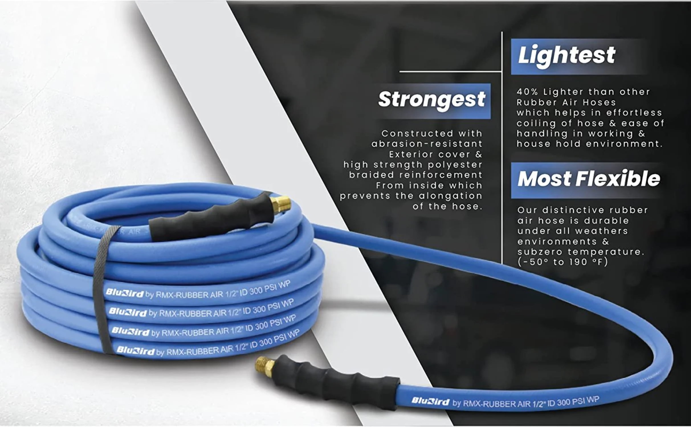 BLUBIRD BB3450 3/4 x 50' Rubber Air Hose, 100% Rubber, Lightest,  Strongest, Most Flexible, 300 PSI, -50F to 190F Degrees, Ozone Resistant,  High Strength Polyester Braided 