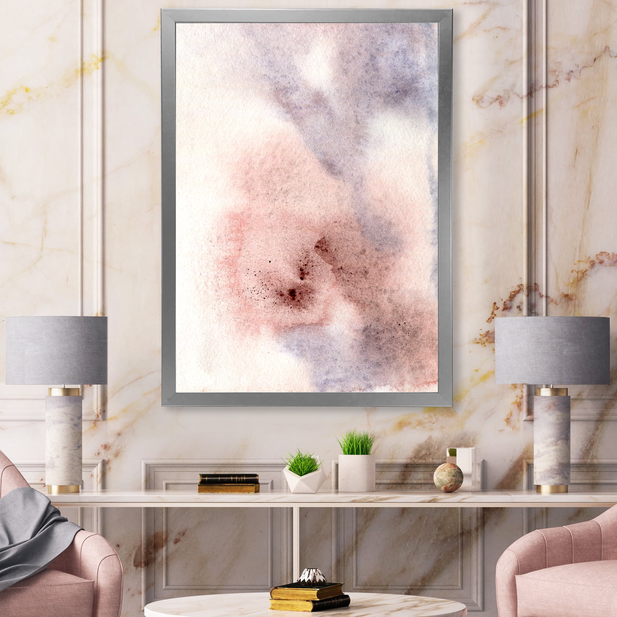 Designart 'Pastel Abstract With Pink Blue Beige and Red Spots' Modern Framed Art Print