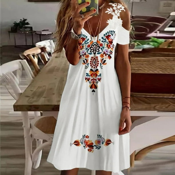Homely Sun Dresses Women Summer Casual Dresses Summer Lace Splicing Cold  Shoulder Dress Side Twist Knot Petite Mini Dress Sexy V Neck Business  Casual 