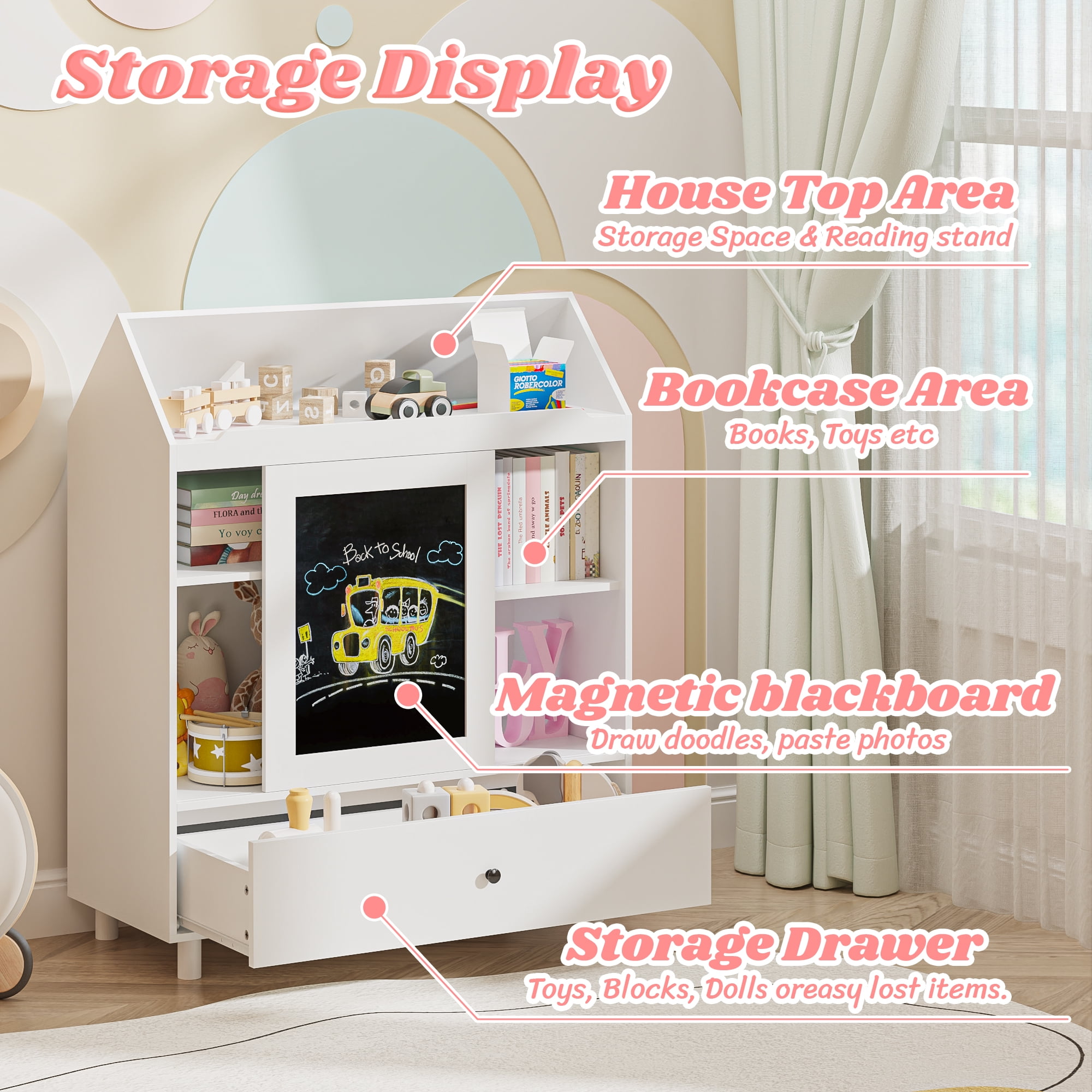 Yoneston Kids Bookcase with Magnetic Blackboard & Storage Drawer, Toddler Toy Organizer Cabinet with Reading Top Area for Playroom Classroom Nursery, White