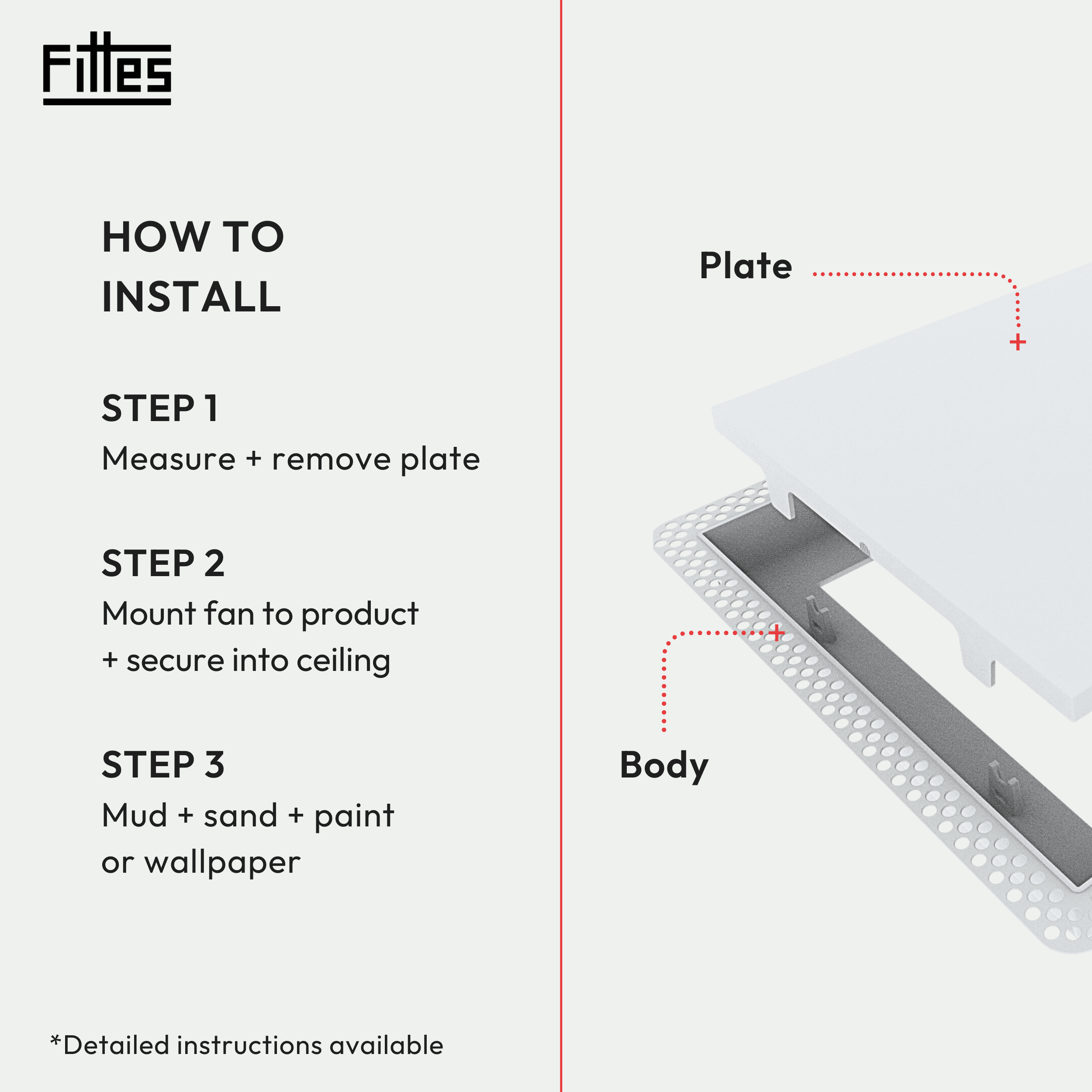 Fittes Flush Exhaust Mount [Lite], Minimalist ABS Plastic Bathroom Ventilation Fan Upgrade Cover for Wall or Ceiling, Pro Install, – 14"x14" – Cotton White