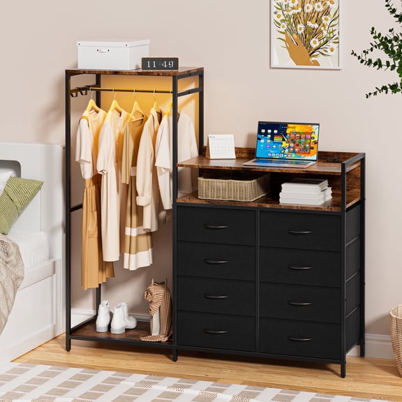 VNT 8 Drawer Dresser with Hanging Rack, Fabric Chest of Drawer with Charging Station & LED Lights for Bedroom (Black)