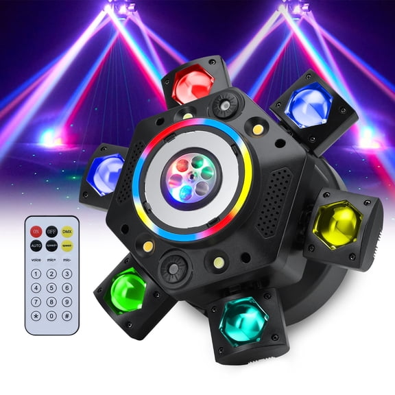 150W Disco Stage Light, 6 Arm RGBW LED Moving Head DJ Lights with Mixed Lighting Effects, Sound Activated, DMX 512 Remote Control DJ Lights for Disco Club Wedding Party (Pattern)