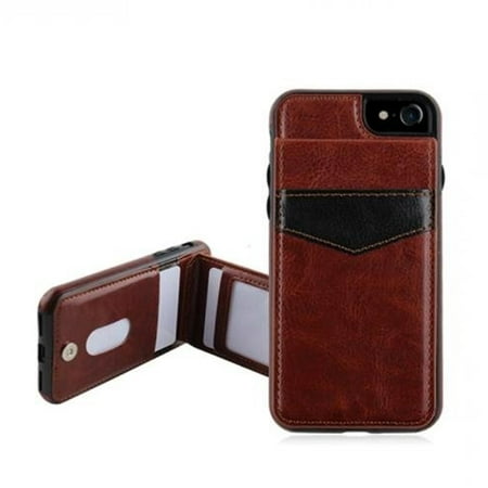 apple iphone 8/7/6s/6 case, faux leather cover on tpu w/ credit card stand wallet case [brown] with travel wallet phone