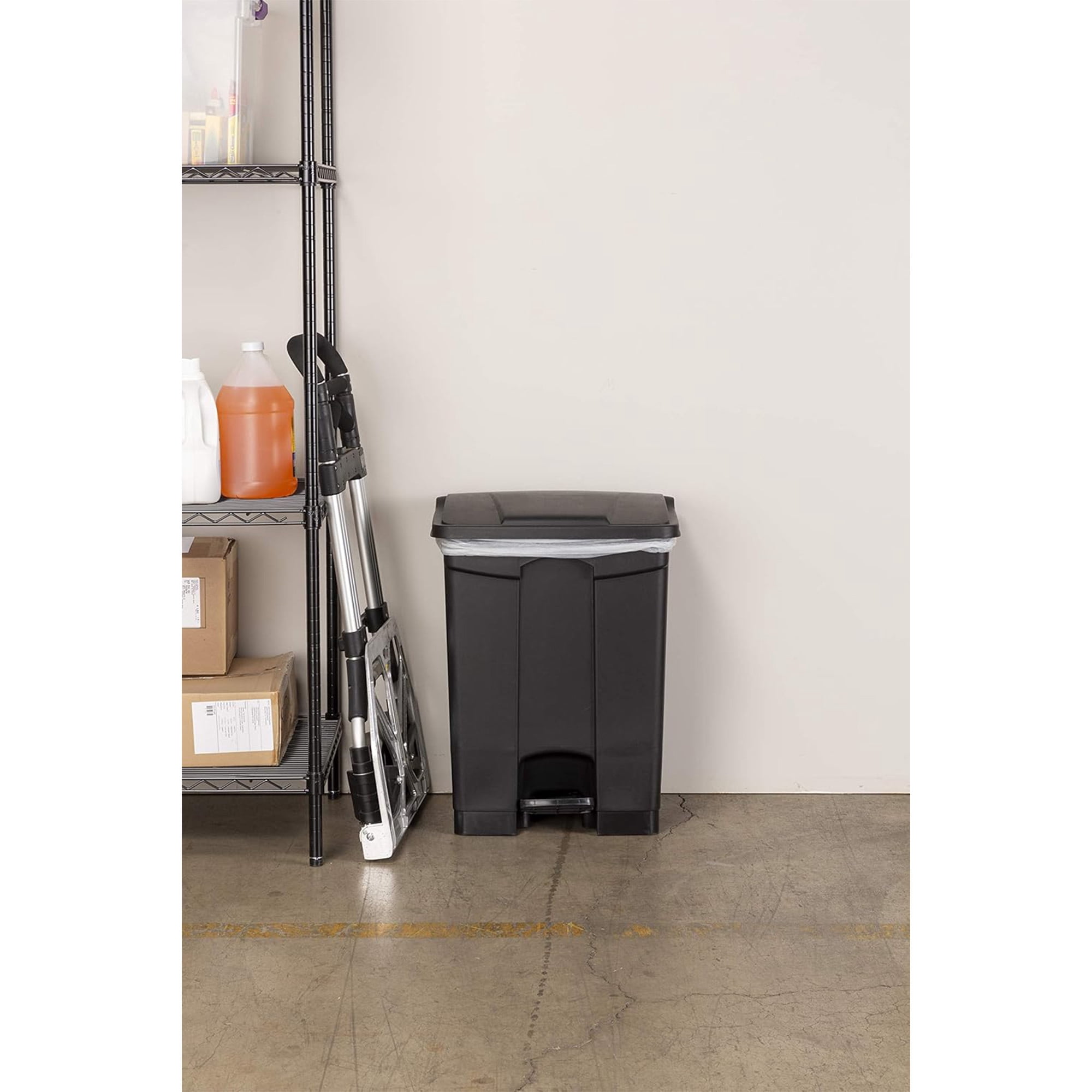 Safco Hands Free Plastic Step-On Receptacle Trash Can - 23 Gallon in Black