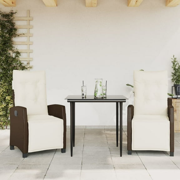 vidaXL 3 Piece Patio Dining Set with Cushions Brown Poly Rattan