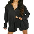 thumbnail image 1 of Women Casual 2 Pcs Clothes Set Solid Color Ruched Long Sleeve Button Down Shirts with Shorts Suit, 1 of 9