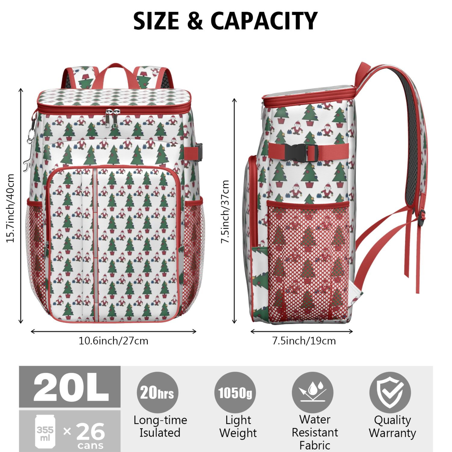 Travel Cooler Bag - White Christmas Santa and Tree Pattern Camping Beer Cooler Backpack with Bottle Opener- Waterproof Insulated Picnic Backpacks - Cooler Bag for Beach