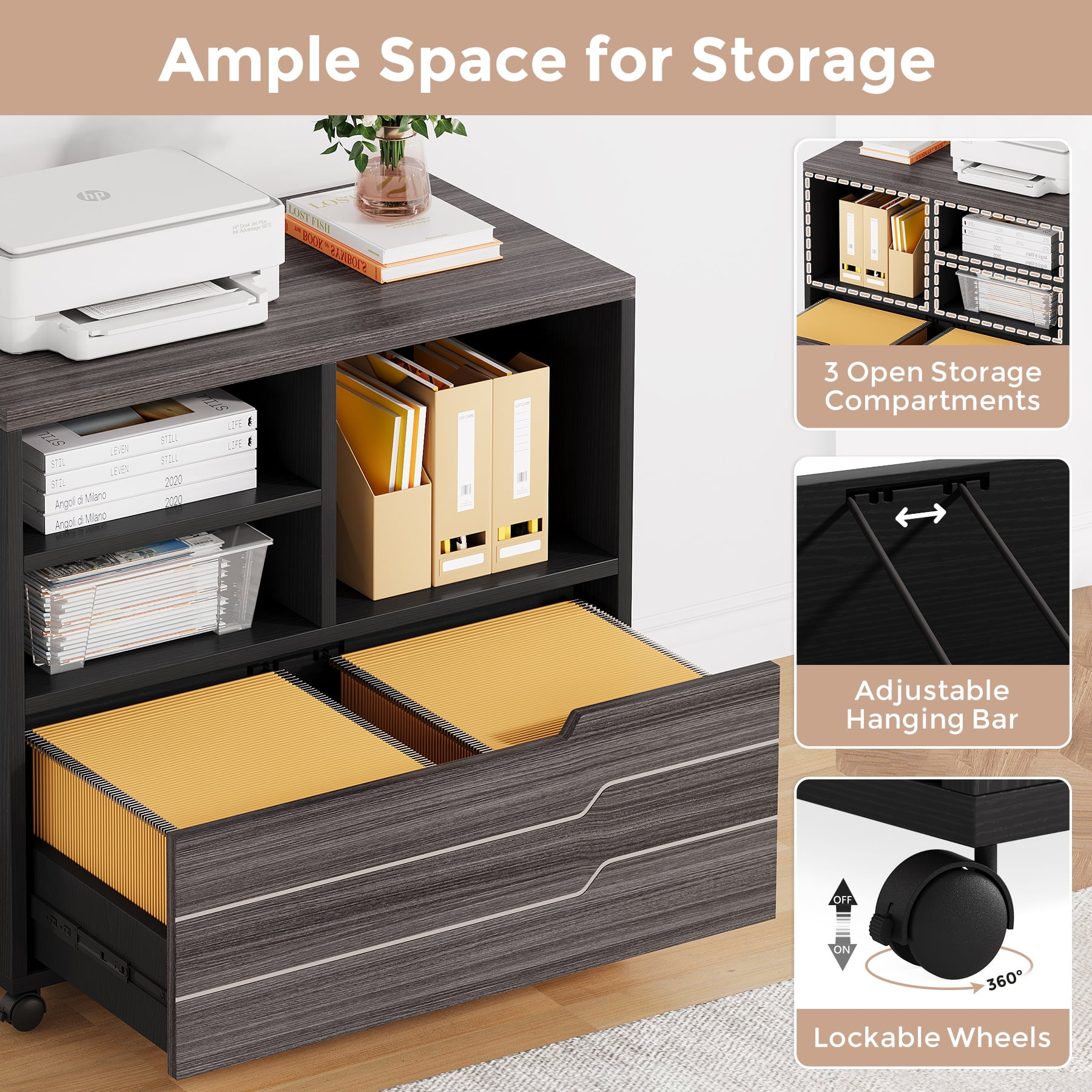 Condemo L Shaped Executive Office Desk with Mobile File Cabinet and LED Light, 63 inch Large Computer Table Business Furniture with Storage and Drawers for Home Office, Gray and Black