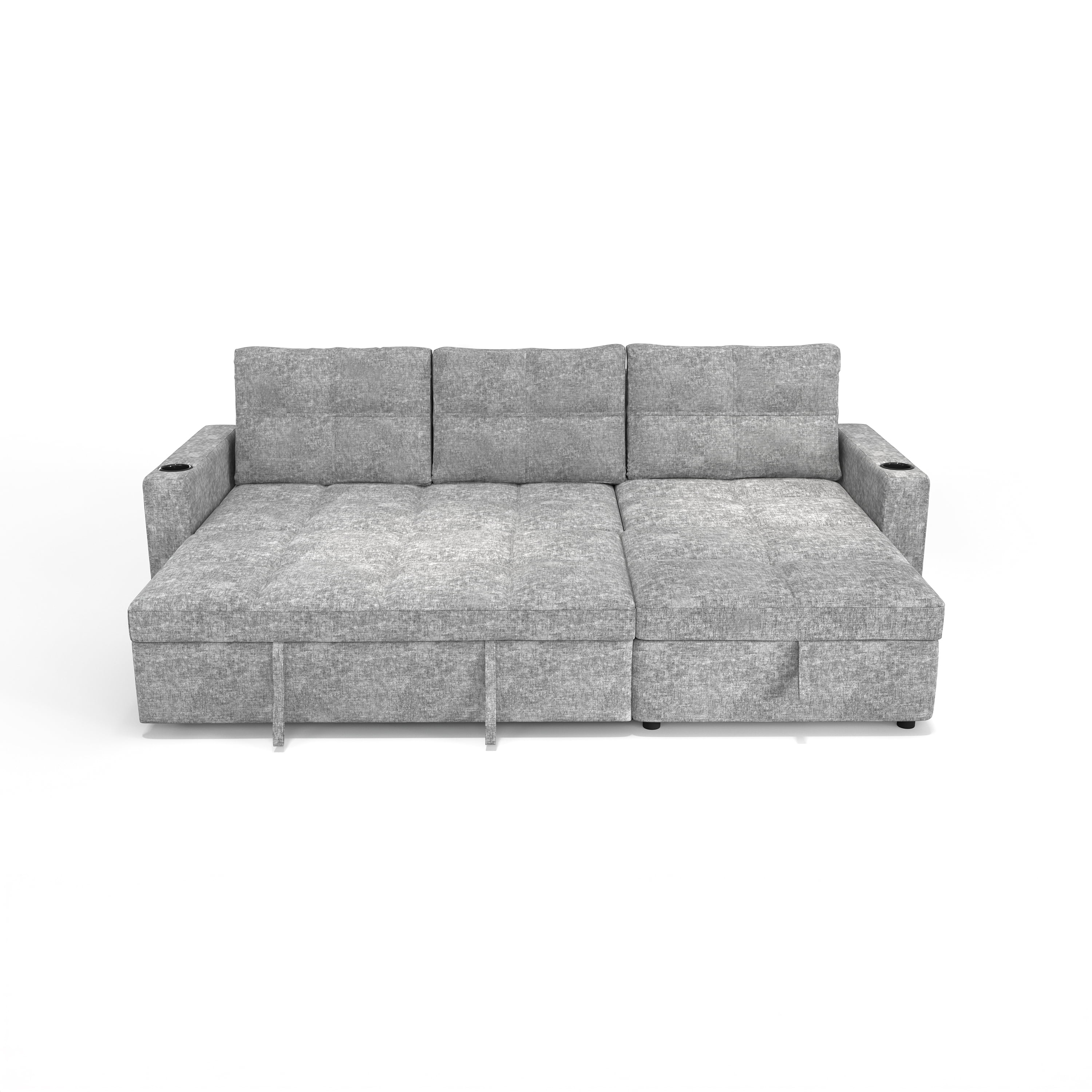 Modern Contemporary Convertible Chaise Sectional with Hidden Storage & Sleeper, Light Grey
