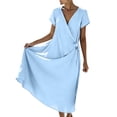 thumbnail image 2 of Gamivast Dresses for Women Linen Wrap V Neck Short Sleeve Midi Dress Tie Waist Flowy Sundress Casual Dress Beach Dress Vacation Dress Summer Blue XL, 2 of 7