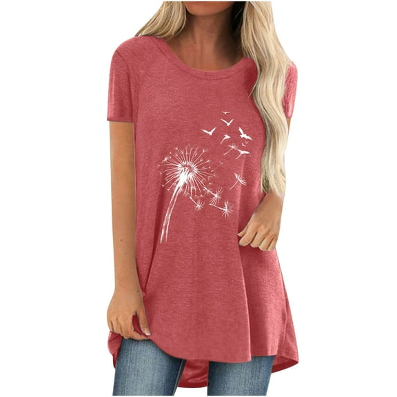 Women's Summer Tunic Tops to Wear with Leggings Printed Crew Neck Short Sleeve T-Shirts Casual Loose Going out Blouse