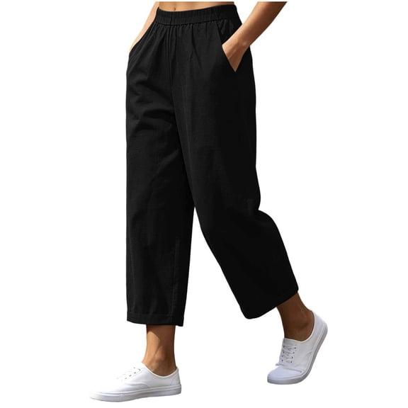CHGBMOK Women's Linen Pants Casual Elastic Waist Cotton Wide Leg Pants with Pockets Trendy Lightweight Workout Trousers