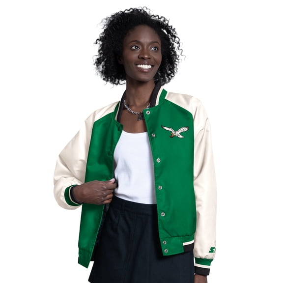 Women's Starter Kelly Green/White Philadelphia Eagles Raglan Blitz Full-Snap Varsity Jacket