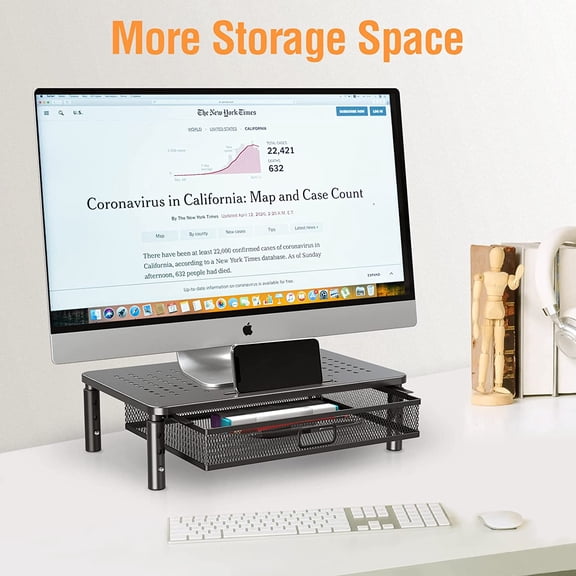 EISRUNGF- 2 Pack Monitor Stand Riser with Drawer, 3 Height Adjustable with Larger Storage Space for Home and Office Supplies, Metal Desktop Stand for Laptop Computer Printer PC iMac