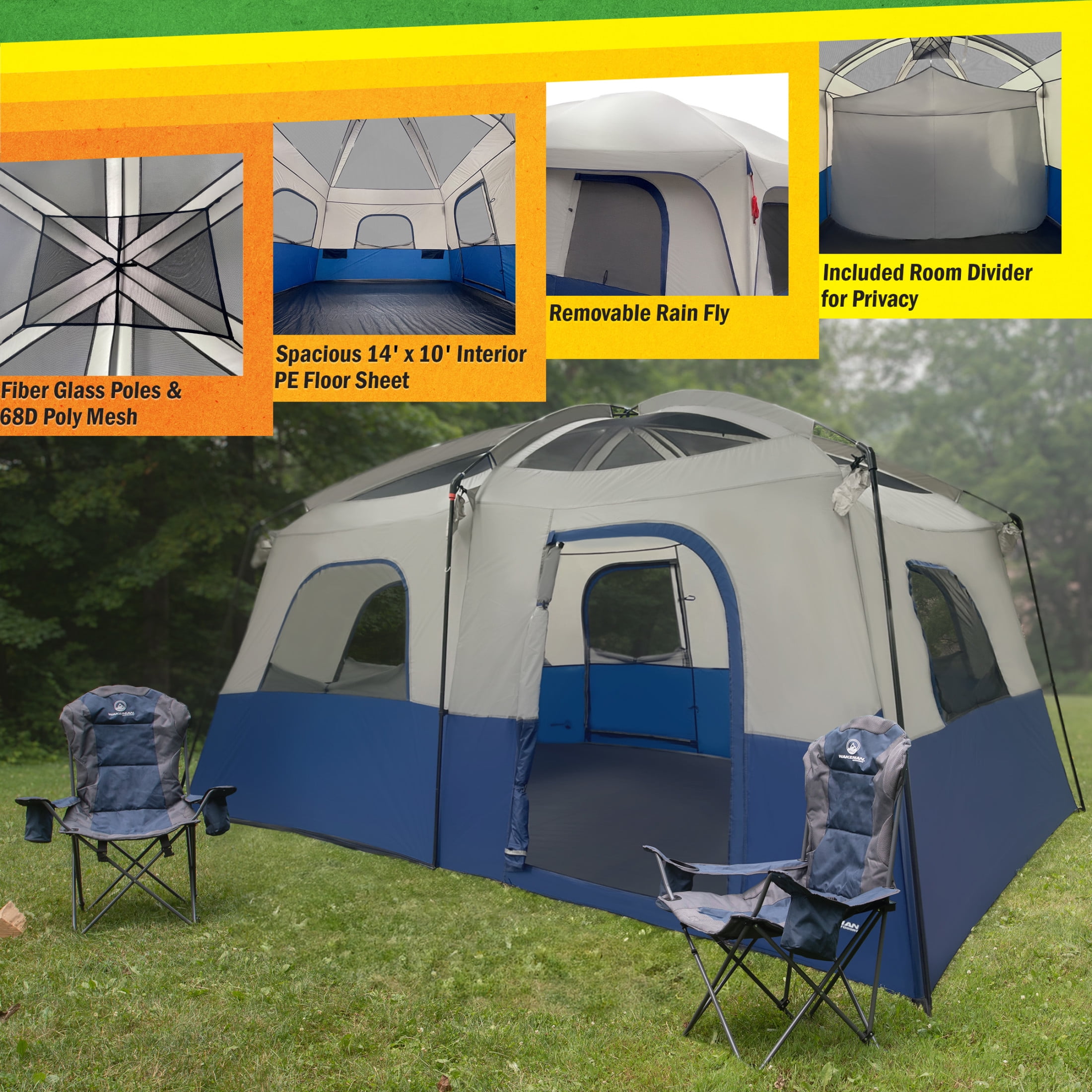 Wakeman Outdoors 10 Person Camping Tent with Room Divider and Rainfly, Navy