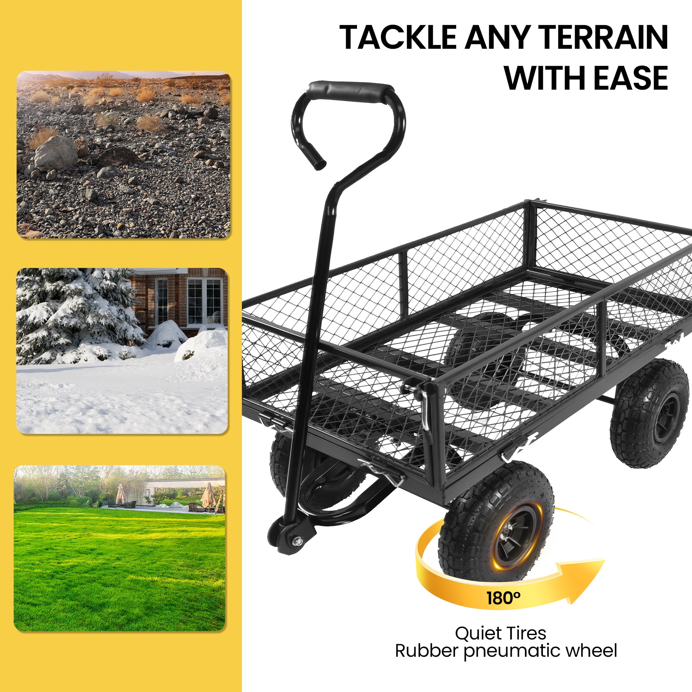 Aukfa Utility Garden Cart, Heavy Duty Metal Wagon Cart with Rotating Handle, Removable Sides/10" Wheels for Outdoor Hauling/Gardening, Black