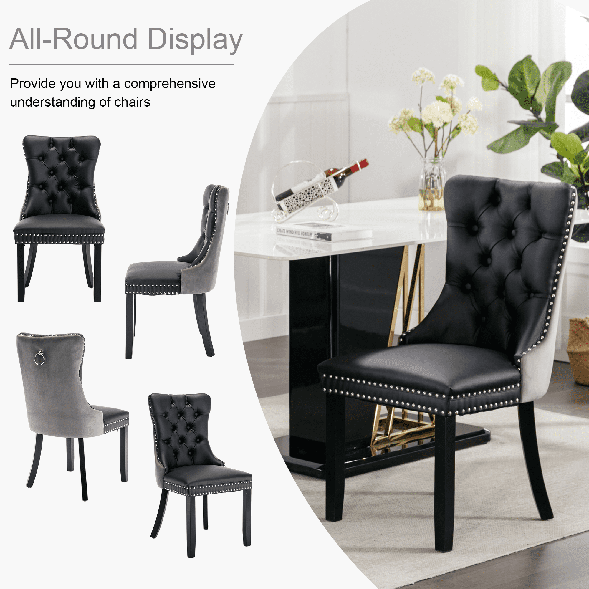 Rhomtree Faux Leather Tufted Dining Side Chairs, Black/Gray (Set of 2)