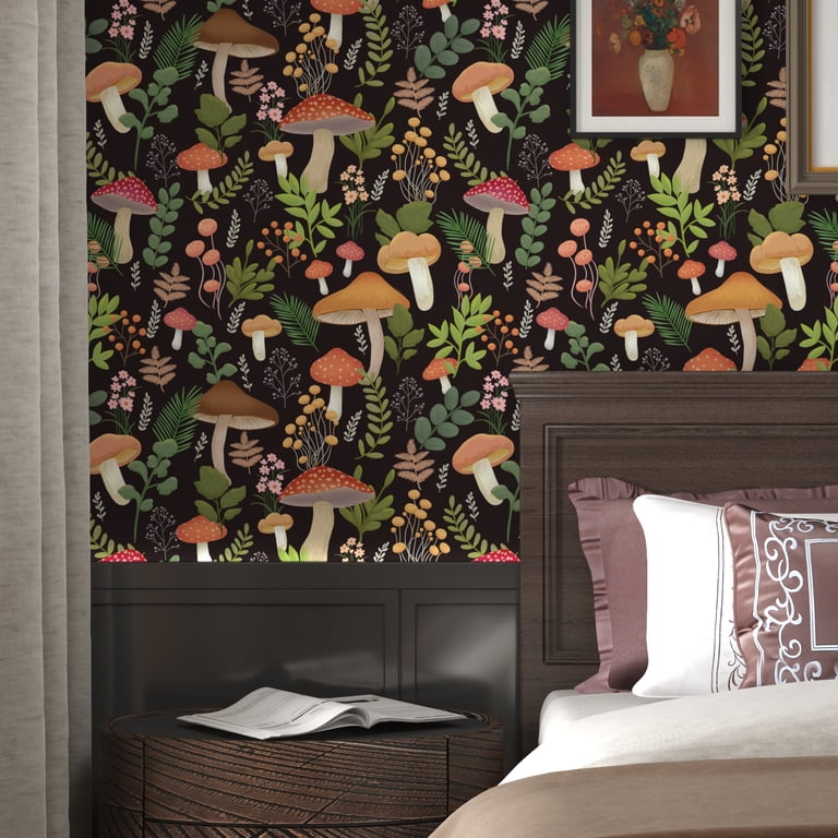 Fvlow Mushroom Peel & Stick Wallpaper - Vintage Boho Floral Contact Paper, 17.4" X 118" Roll