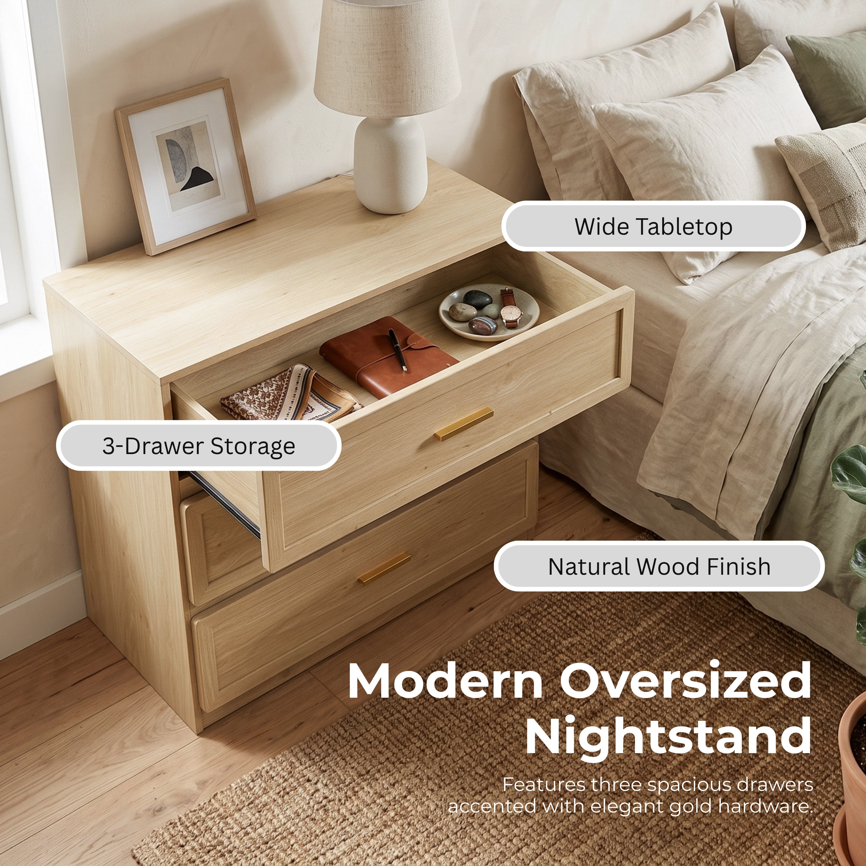 Furniture of America Rivor Modern Wood 3-Drawer Tall Nightstand, Natural