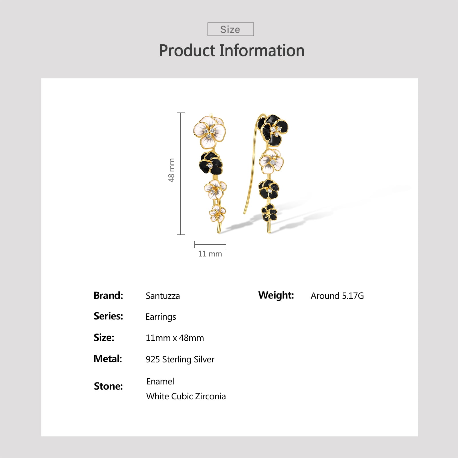 Santuzza Enamel Black & White Flower Ear Climber Earrings Peony Gold Plated Ear Crawler Earrings for Women