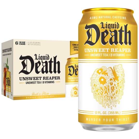 Liquid Death Iced Tea - Unsweet Reaper, Less Sugar*, Boost of Caffeine, B Vitamins, No Artificial Sweeteners, 12 Fl Oz (Pack of 6)